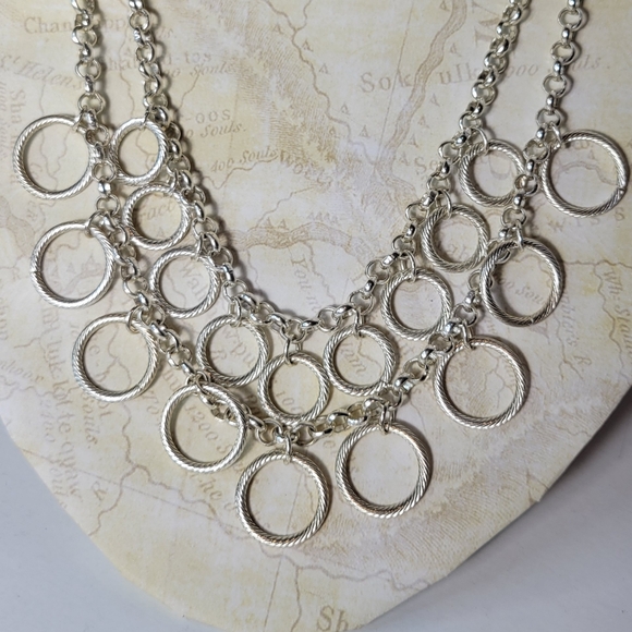 Double strand dangling loops silvertone necklace - Picture 2 of 4